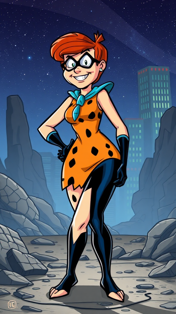 Generate a full-length image of Wilma Flintstone, maintaining her original head while altering her body to match the athletic physique of Nightwing. Ensure her outfit aligns with her classic style but incorporates elements that reflect her new body type. The background should be a suitable setting that merges the prehistoric world of the Flintstones with the modern, urban aesthetic associated with Nightwing, such as a rocky landscape reflecting Bedrock alongside a nighttime city skyline. Ensure colors are vibrant and details of both characters are clearly represented.