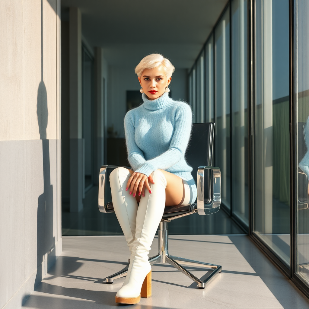 Sunny spring morning, modern glass-steel-concrete office, sitting on glass chair at wall, waiting for the master: O., European 17 years old very convincing femboy “trophy-bimbo”, tamed servile docile, very beautiful feminine flawless face, rather short boyish figure, platinum blond short tight curls, bold red lips, heavily made-up face, long French nails, wearing Supertanya-style chunky fluffy very fuzzy bright light blue mohair figure-hugging turtleneck-knitdress with white pearl decoration, white vinyl thigh-high boots with golden heels, pearl earrings, serious, leaning forward presenting her assets, arrogantly looking at camera.