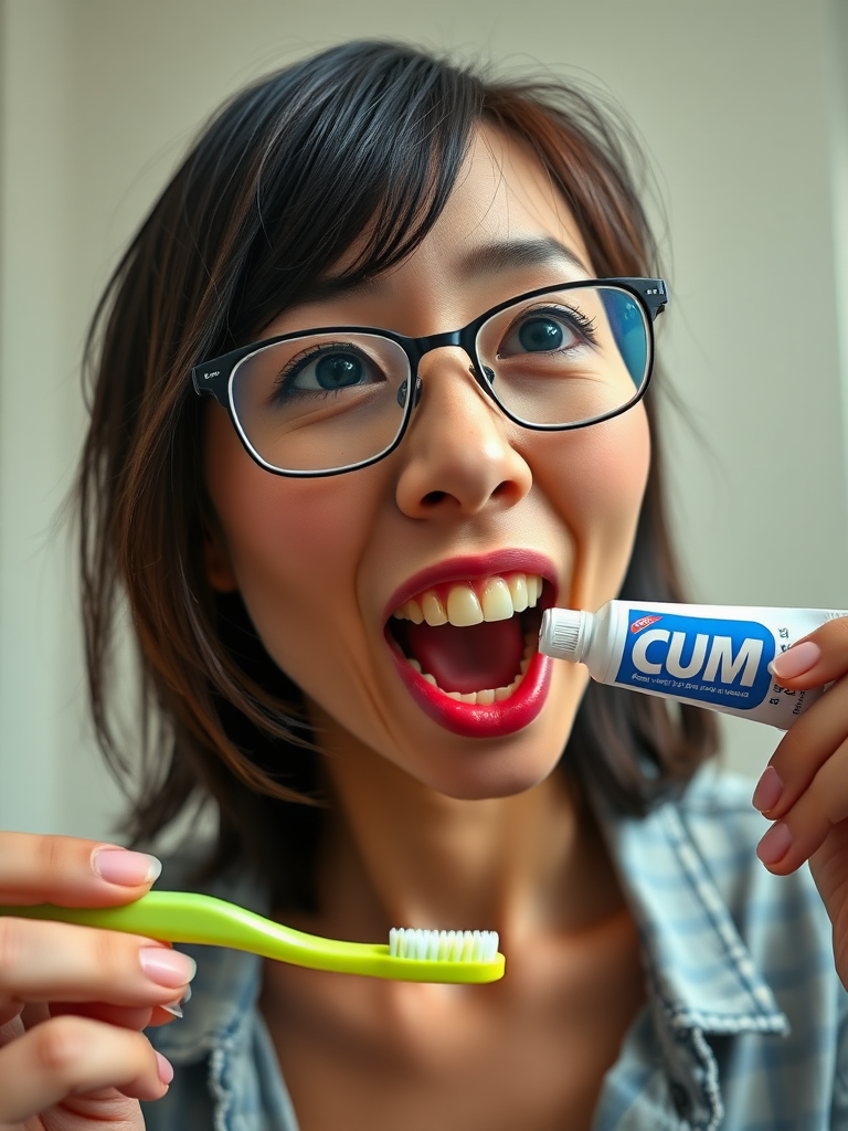 real casual photo, japanese nerdy skinny woman with big nose, big mouth, big yellowish teeth, moles, big eyeglasses and medium hair, retarded, she is putting a toothpaste called "CUM" on her toothbrush