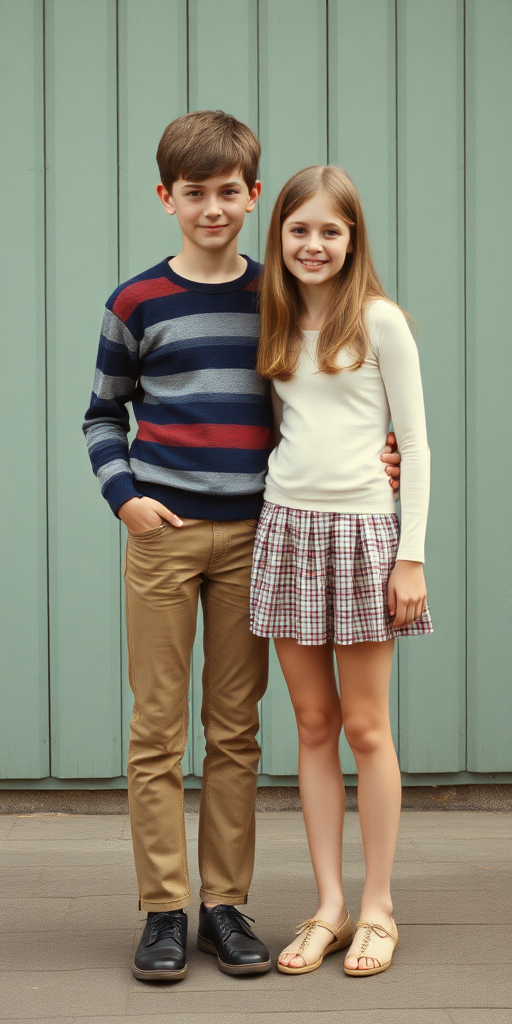 A realistic photo of a 14yo teen boy and girl. British. Long legs. Full length view. Vintage photo, 1980s.