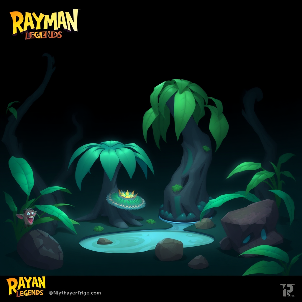 jungle assets concept art, rayman legends style, no background, high resolution, only assets