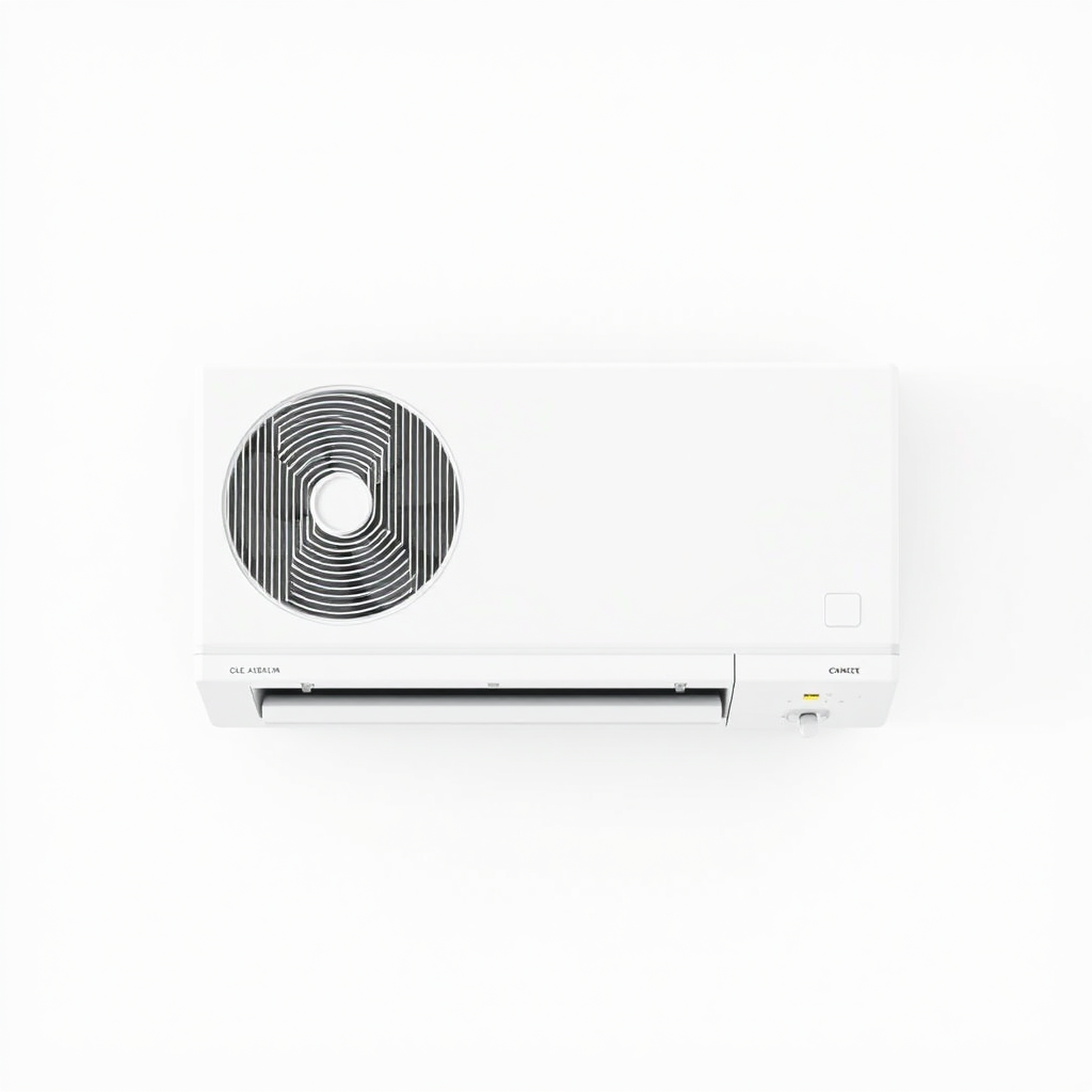 A simple, minimalist stock image of a modern, white air conditioning unit mounted on a wall. The air conditioning unit should take up the majority of the frame, with a plain white or light-colored background. The image should have a clean, professional look suitable for use in business presentations, websites, or other commercial applications.