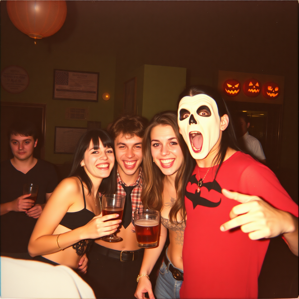 early 2000 image from a phone camera, Halloween party, night, bad lighting, fun, goofing around, nostalgic, photo album