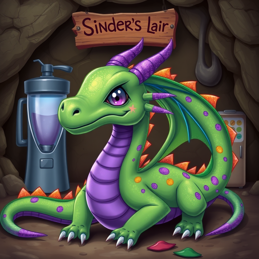 A green dragon with rainbow sparkly spots and purple skin and eyes but no horns in a dragon cave with a sign above it that says "Sinder's Lair". There is a smoothy machine in the background.