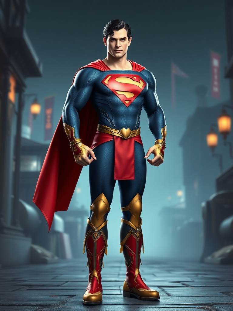 Generate a full-length rendered image depicting Superman as if he possessed the physique of Chun-Li from Street Fighter. Maintain Superman's iconic head, hairstyle, and facial features. Adapt Superman's costume as the base, incorporating Chun-Li's distinctive golden bracelets and thigh-high boots with accents as embellishments. Ensure the adjustments to the costume align with Chun-Li's body proportions. Craft a background that seamlessly blends elements from both characters' recognizable environments. Aim for a photorealistic style in the final image. Portray Superman in a powerful, confident, and heroic standing pose. Employ a vibrant color palette that reflects the distinct color schemes of both characters. Set the final image size to 1024x1024 pixels.