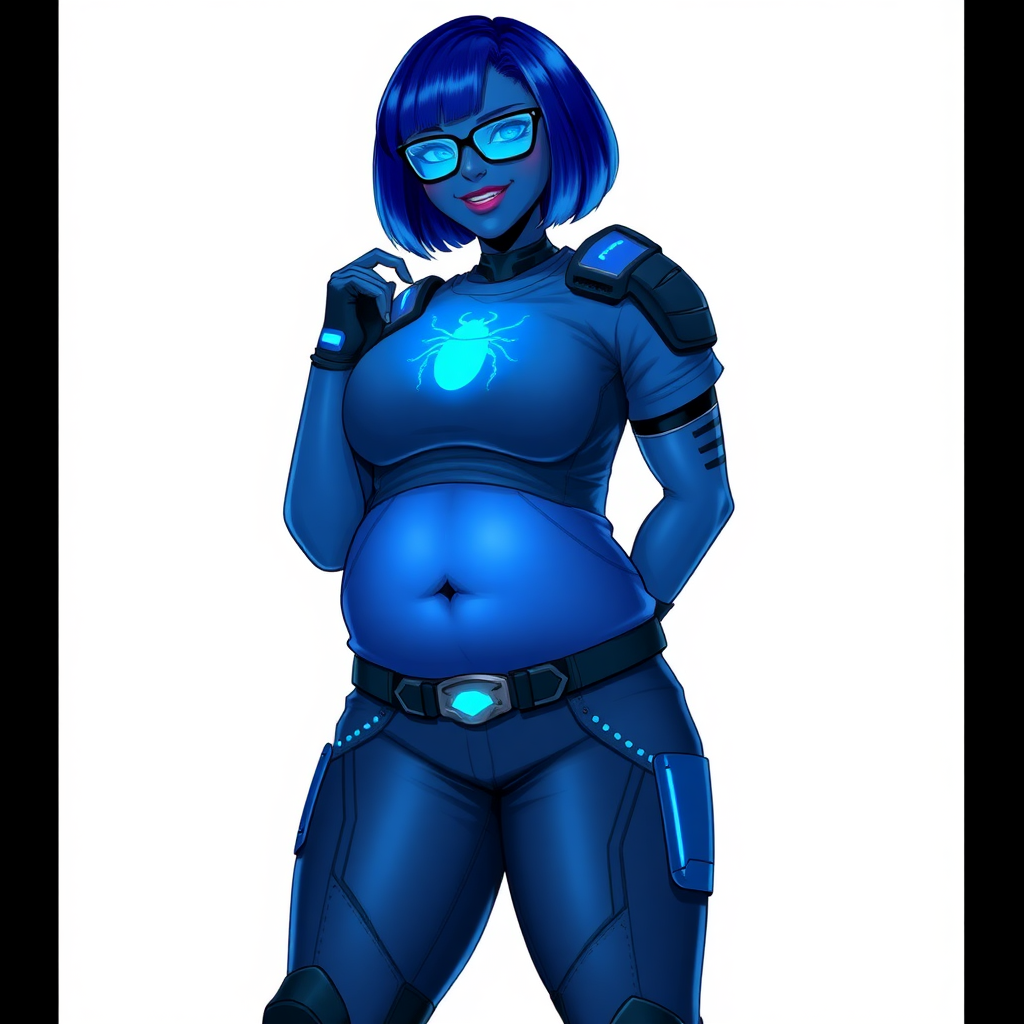 A 28-year-old, full-figured, metallic dark blue (5PB 4/10) skinned computer program hybrid with a maximum blue bob cut. She has a non-athletic build, highlighted by a prominent, round, large midsection (with emphasis on her belly), which shows the effects of her love of junk food acquired from her boyfriend. As the full-figured, nerdy, digital sidekick to her cyberpunk vigilante boyfriend, her metallic dark blue skin and maximum blue lipstick (5PB 5/12) emphasize her digital nature. Her skin has a subtle, animated glow, with digital patterns occasionally flickering across it, making her digital nature obvious. She wears a digital, computerized costume, consisting of a huge, tight-fitting, maximum blue t-shirt (5PB 5/12) with a neon blue glowing chest icon of a beetle, hi-tech shoulder pads with neon blue accents, a black hi-tech belt with a digital neon blue glowing buckle, digital maximum blue biker pants (5PB 5/12) with neon blue accents, and black hi-tech fingerless biker gloves with neon blue glowing accents. Her neon blue glowing eyes, black eyeglasses with neon blue glowing lenses equipped with a built-in HUD, and bashful smile with neon red blush accentuate her nerdiness. She stands bashfully with one hand behind her back and the other hand gently touching her cheek, her costume covering all her skin and emphasizing her full-figured physique (especially her belly). She is clearly non-athletic, with a focus on her full-figured physique. Despite her build, she radiates beauty. She has a slim face compared to her physique, accentuating her radiant beauty. She is on a solid white background. She is drawn as if she were in a retro 2D cyberpunk fighting game.