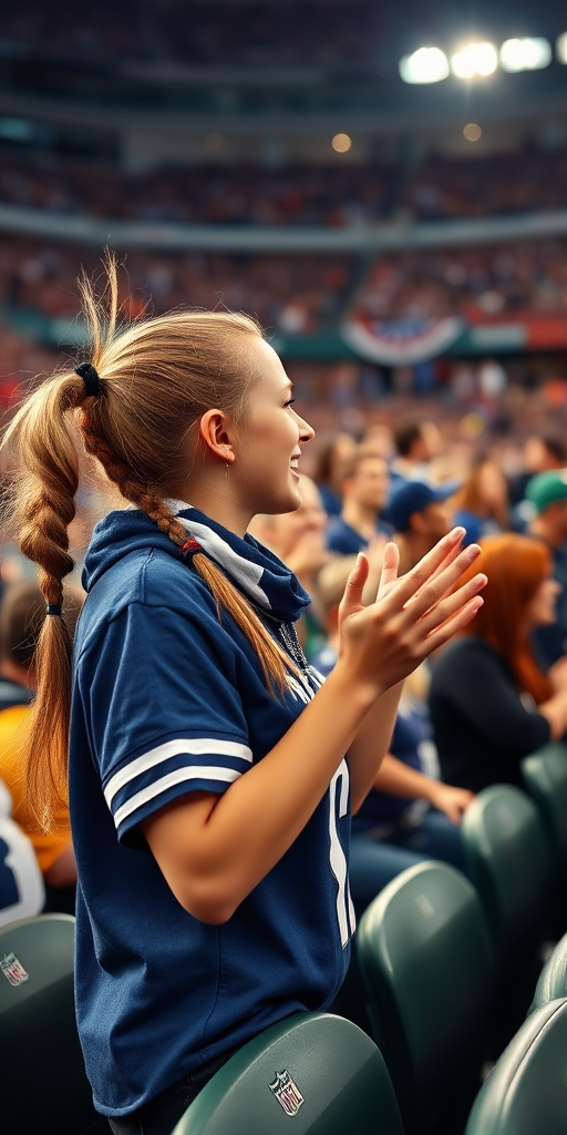 Attractive female NFL fan, pigtail hair, at crowded stadium bleacher row, cheering wildly