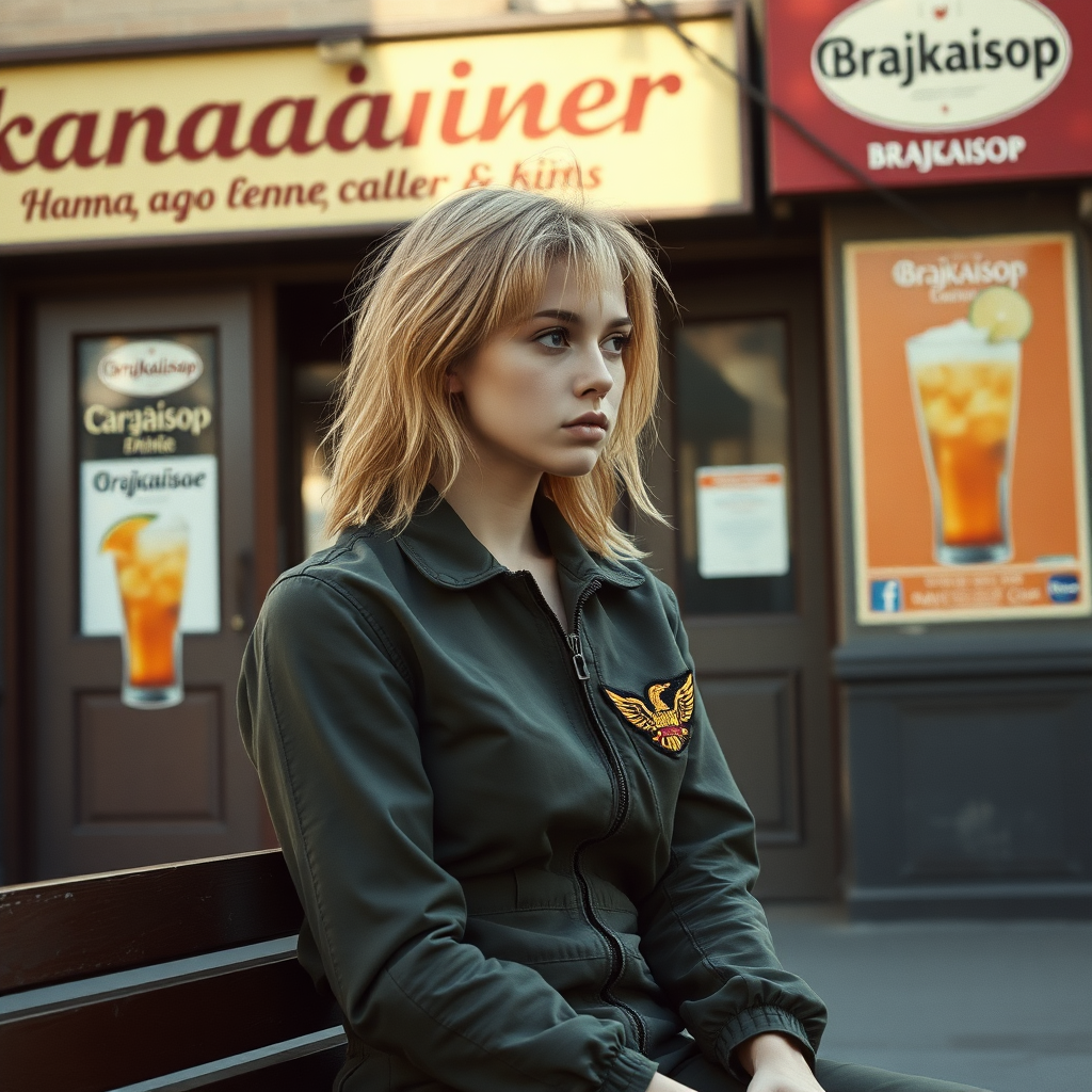 A girl with face like (Ana de Armas), pale, no makeup, messy shoulder length strawberry blonde hair, athletic, wearing a flight suit, "Benaenae" badge on the pocket. She is sitting on a bench, looking down the street away from us. Urban, a run-down bar with the words "Canopean Catcaller" above the door. Morning, bright. Advertisement for a drink called "Brajkaisop". Hyperrealistic, film grain, soft focus.