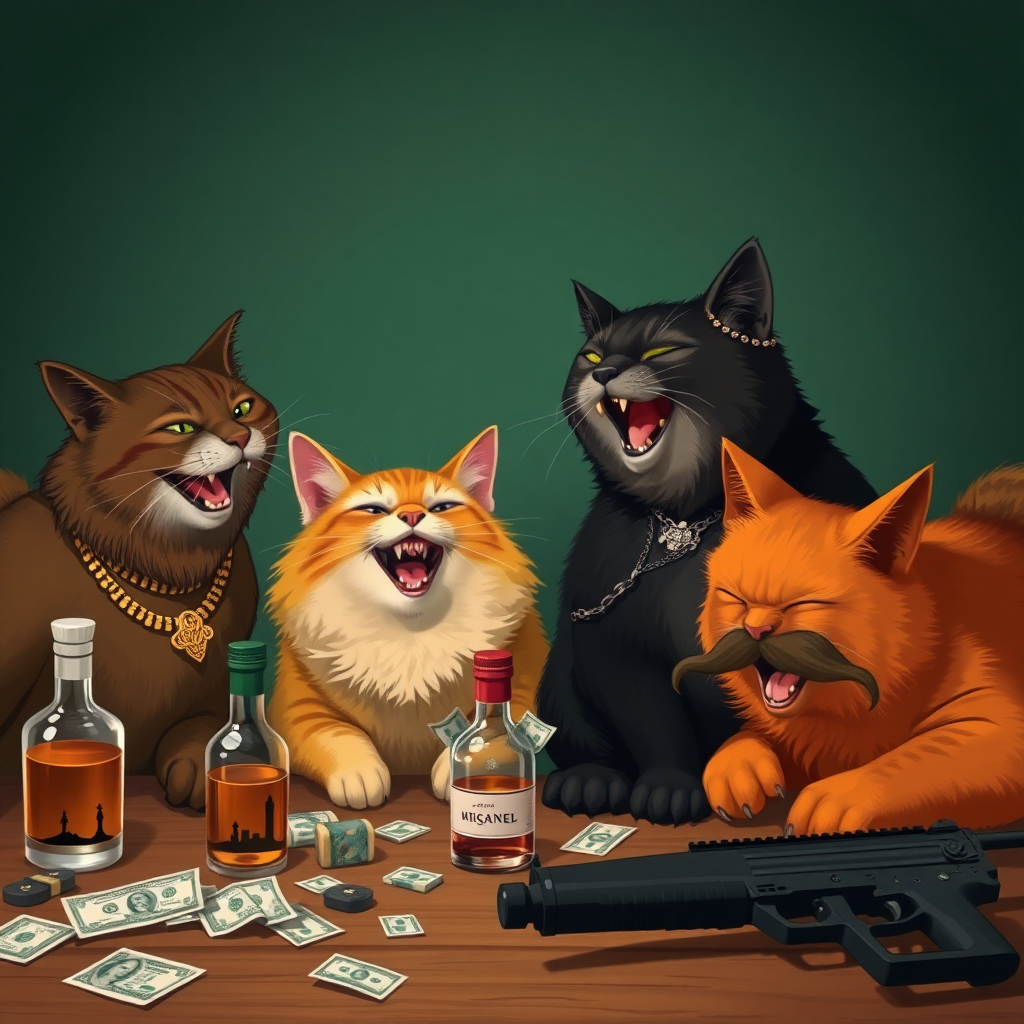 4 cats, one brown with a gold necklace, one dark brown with a necklace and gold teeth, a small black one with earrings, and an orange one with a big mustache all laughing together around a table with alcohol, bills, and weapons.