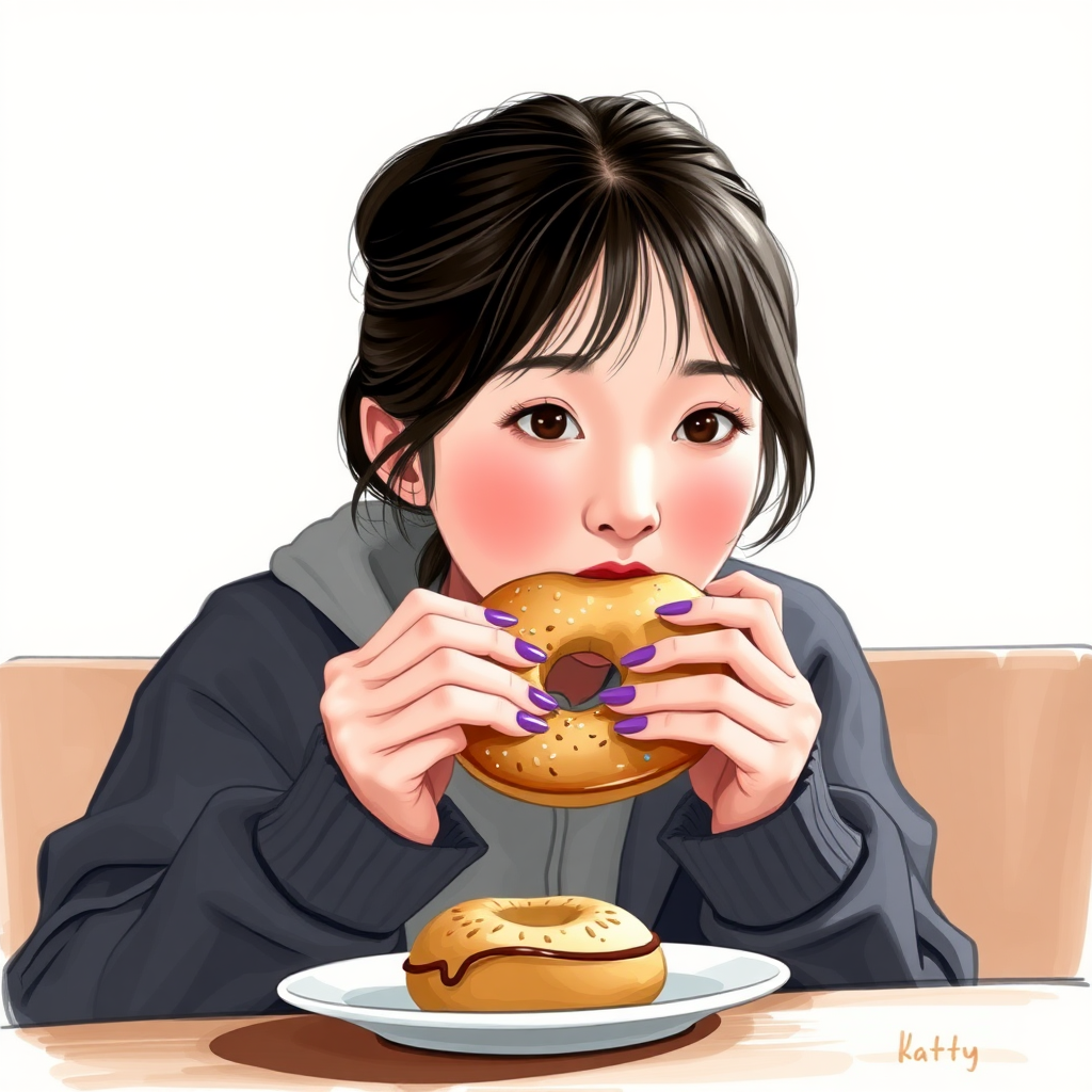 Draw a 20-year-old Korean woman eating a bagel in realistic style.