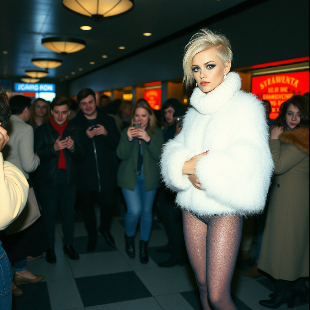 1990 winter evening, crowded cinema lobby: Sam, 19 years old beautiful involuntary femboy, rebellious intractable character, petite boyish figure, platinum blond boyish rebel punk hairstyle, flawless heavily made-up face with sharp arched tattooed eyebrows, wearing Supertanya-style fluffy very fuzzy bright white angora thigh-length turtleneck-poncho fully covering body and arms, silver-glitter leggings, black leather high-heeled pumps, silver earrings, puzzled alarmed, pout serious, impatiently waiting for her master. Other visitors watching laughing taking pictures. Full view of scene.