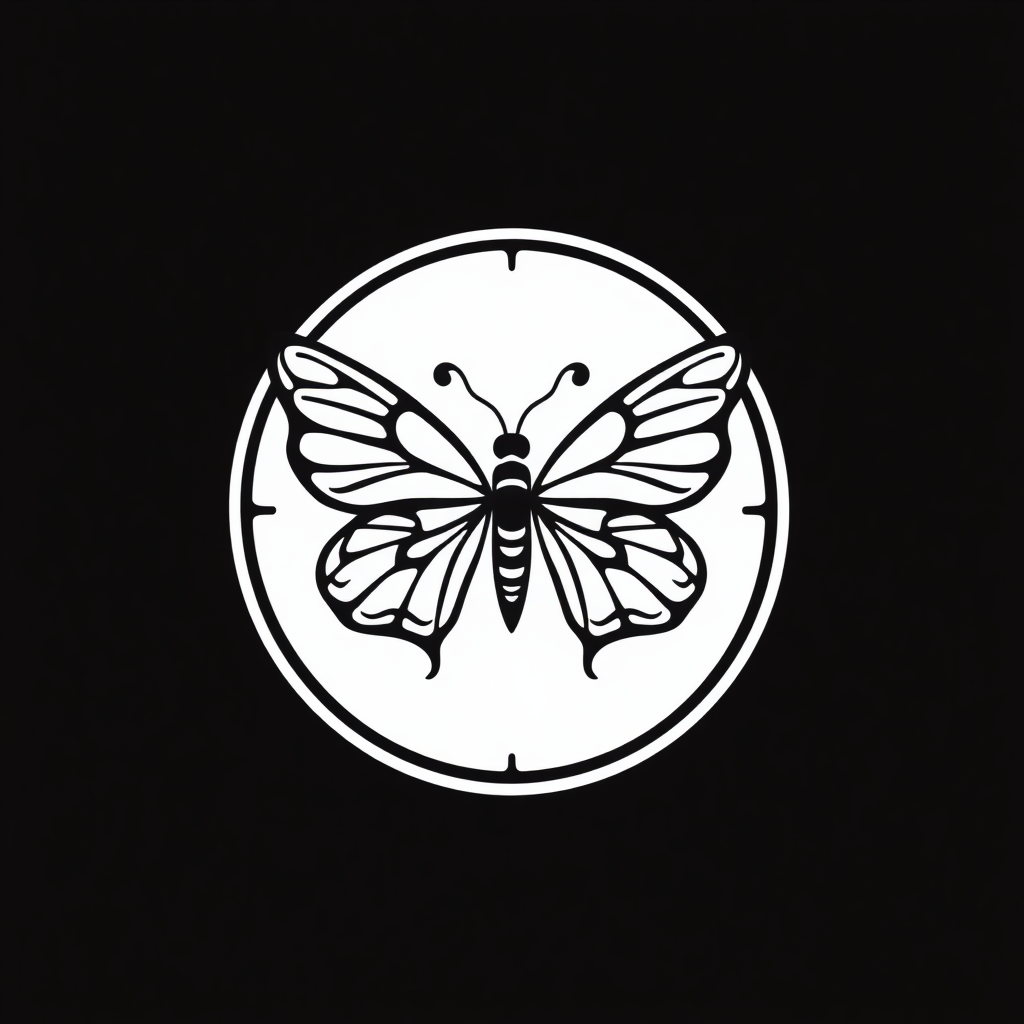 Create a minimalist, monochromatic circular logo design of a butterfly in the style of Sak Yant tattoo art.