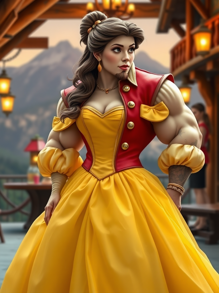 Full-length image of Belle's head and hairstyle, facial features intact, merged onto Gaston's muscular masculine body. Primary yellow ball gown retained, embellished by Gaston's iconic red vest, puffy sleeves, and accessories, proportionally altered to fit Belle-Gaston's robust physique, showcasing both characters' styles. Background inspired by Gaston's rustic tavern and Belle's charming village, merged into a warm and inviting setting, featuring mountainous landscape, wooden accents, and soft lighting, blending the charm of both worlds.