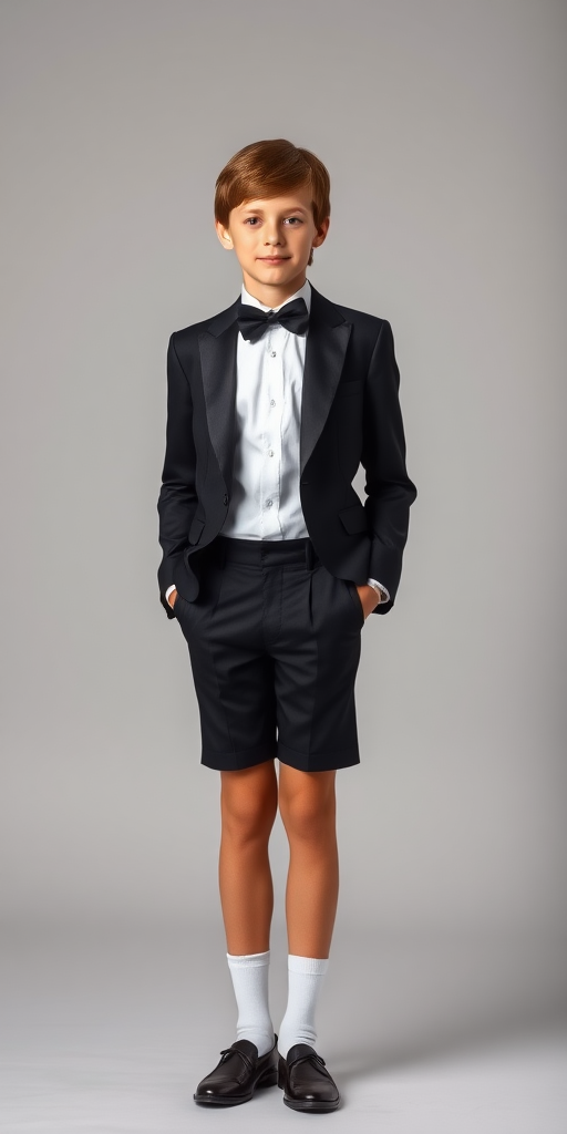 a tall 12yo teen boy, wearing black bow tie, white shirt, black formal suit with matching very narrow knee shorts, tube socks, shoes, long legs, narrow thighs. full-length view. light gray background. Family photo in studio. 1980s. photorealistic, ultra high resolution, 16K, Negative: grainy, blurry, bad anatomy, extra limbs, watermark.