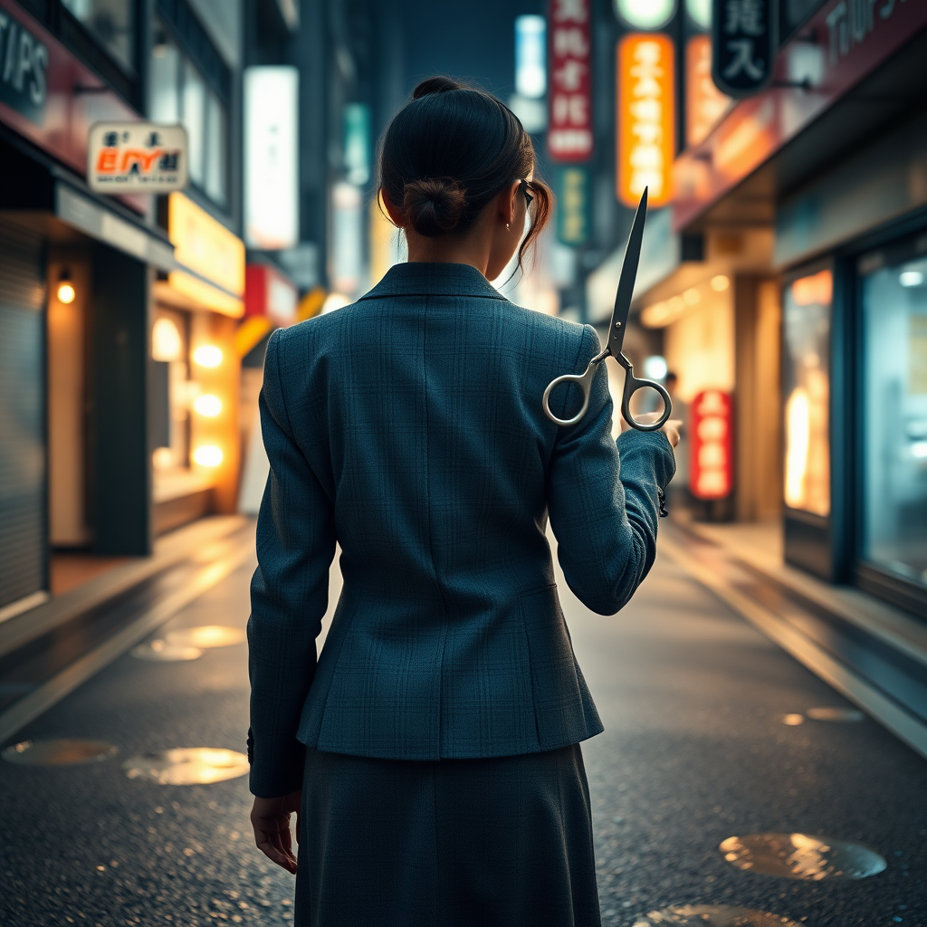 the back of a young Japanese businesswoman. She wears a grey blazer and a grey skirt and faces the camera. She tightly grips a pair of long scissors in one hand. The lights from the shops in the alleyway glint off of the scissors. The lights from the shops in the alleyway are reflected in the rain puddles scattered on the asphalt of the ground. It is late at night.