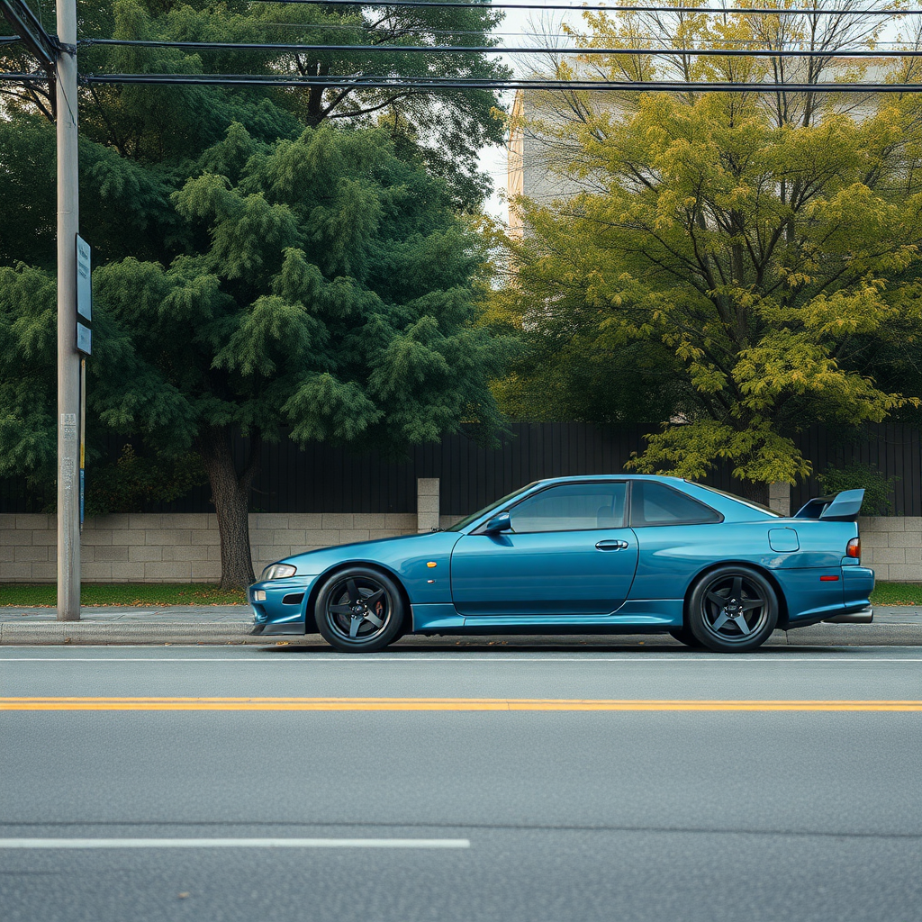 the car is parked on the side of the road, inspired by Taiyō Matsumoto, tumblr, restomod, nd4, c4