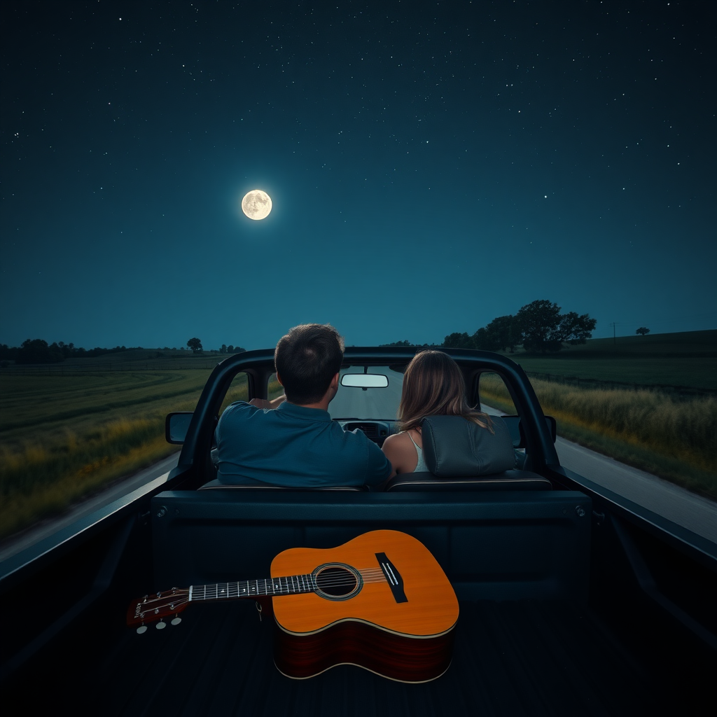 An image of a young couple driving down country roads in the middle of the night with the moon out and the stars above in their pickup truck with the top down. The guy is in the driver's seat. The woman in the passenger seat. There is a guitar in the flat bed.