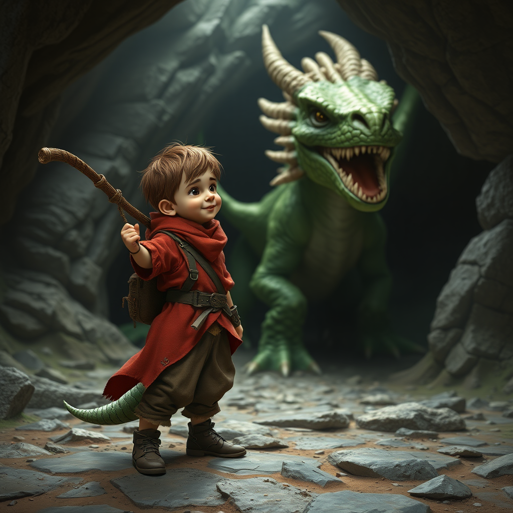 A realistic shot of a small, skinny, light brown kobald in a tattered red tunic and dirty brown pants wearing a quaterstaff on his back who is excited to see a large green dragon in a cave