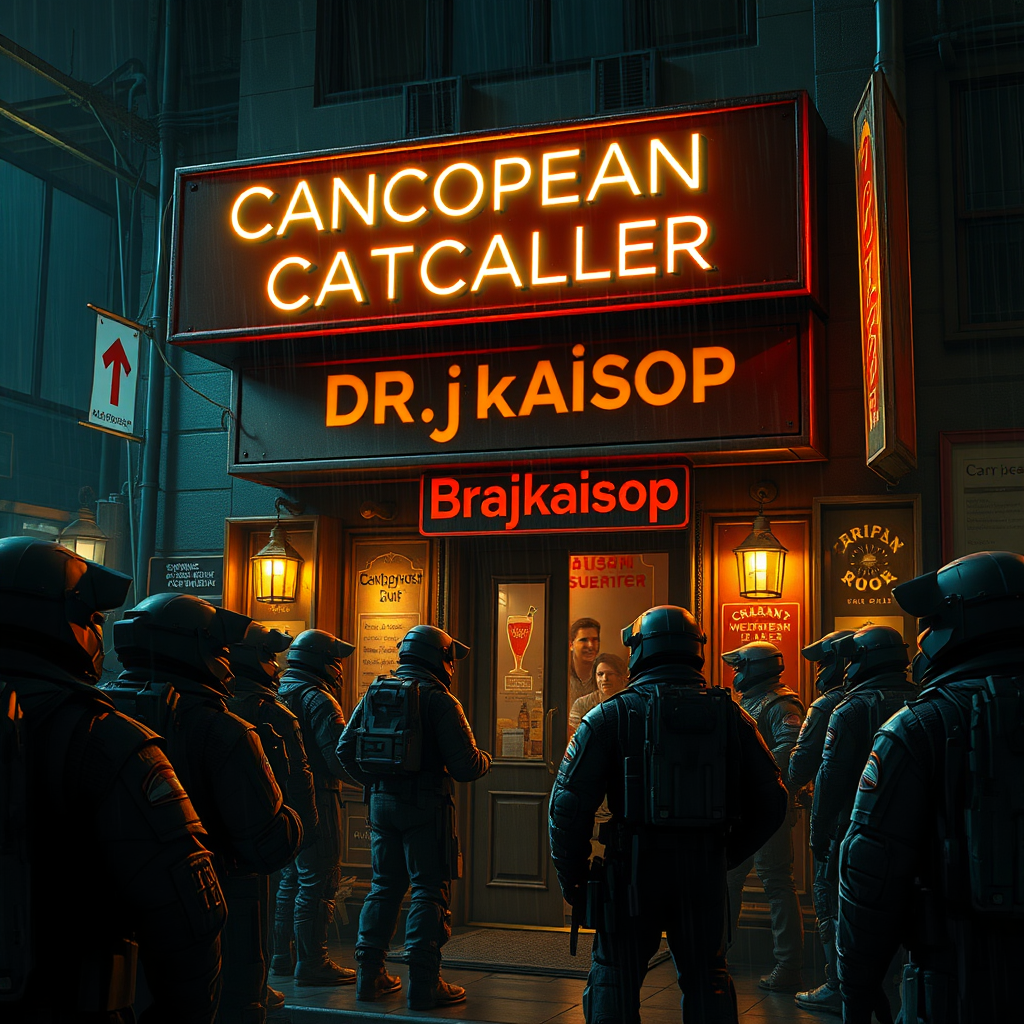 A crowd of mechwarrior pilots gathering in front of a bar in a mechwarrior city. Sign with "Canopean Catcaller" in neon above the door. Night, raining, realistic, lens flare. Advertisement for a drink called "Brajkaisop".