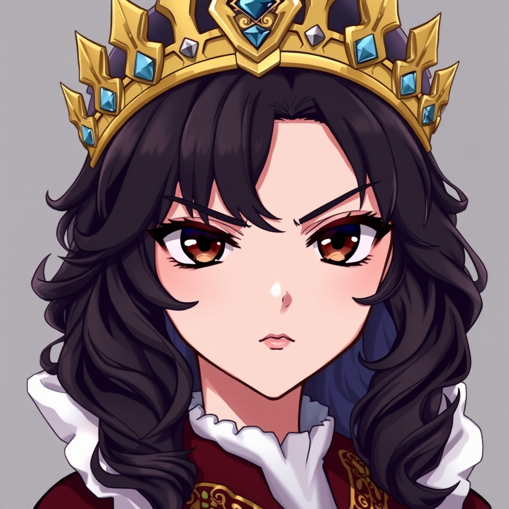 1girl, anime, highly detailed, fantasy, medieval, reluctant queen who has a scowl on her face, looking at the viewer. Her hair is wavy, black, and shoulder length. Her eyes are dark brown and have a confident and self-assured gaze to them. She is wearing a golden crown with gemstones. Simple background.