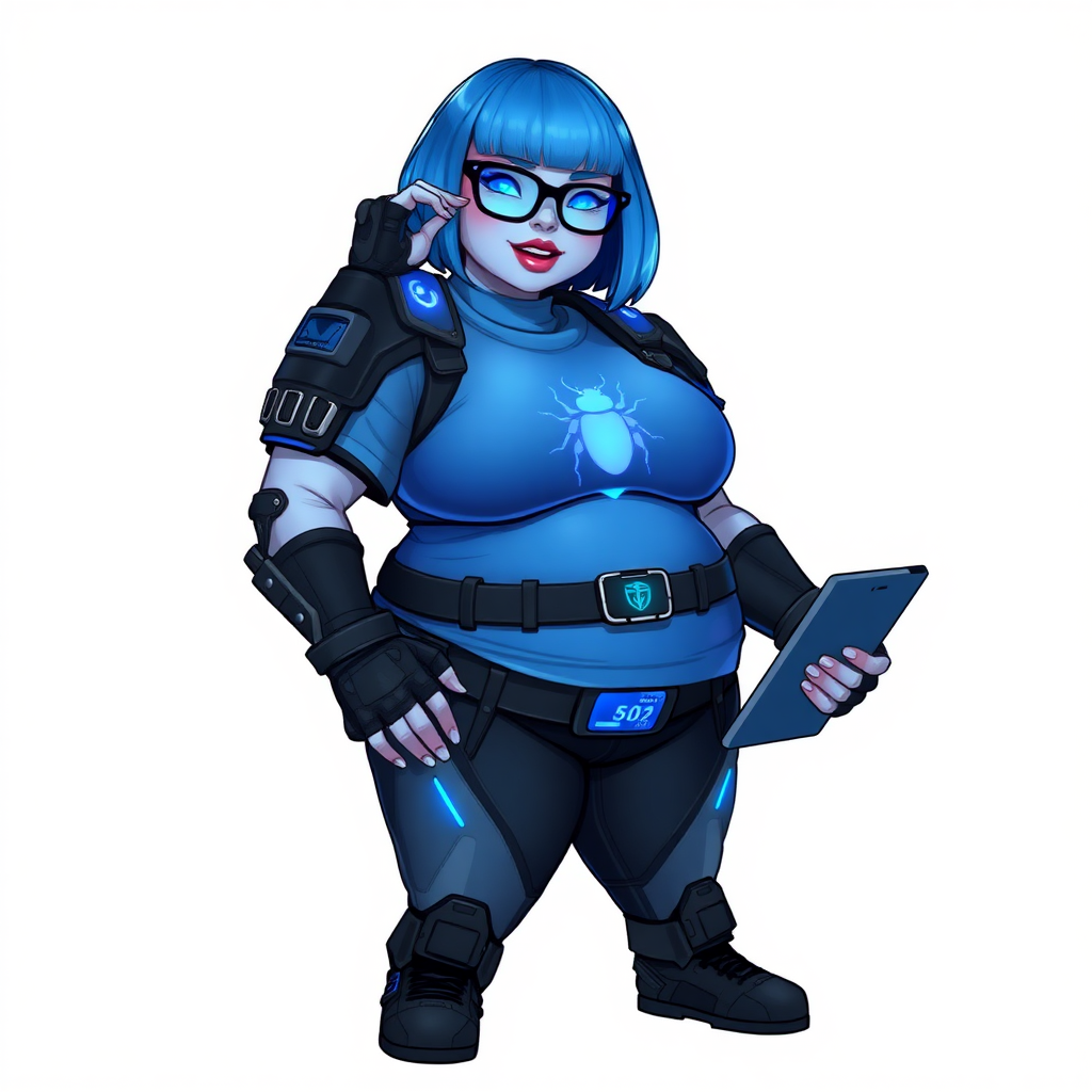 A 28-year-old, full-figured, metallic maximum blue (5PB 5/10) skinned computer program hybrid with a maximum blue bob cut. She has a non-athletic build, highlighted by a prominent, round, large midsection (with emphasis on her belly), which shows the effects of her new love of junk food acquired from her boyfriend. As the full-figured, nerdy, digital sidekick to her cyberpunk vigilante boyfriend, her metallic maximum blue skin and maximum blue lipstick (5PB 5/12) emphasize her digital nature. Her skin has a subtle, animated glow, with digital patterns occasionally flickering across it, making her digital nature obvious. She wears a digital, computerized costume, consisting of a huge, tight-fitting, maximum blue t-shirt (5PB 5/12) made out of advanced nanotech with a neon blue glowing chest icon of a beetle, hi-tech shoulder pads with neon blue accents, a black hi-tech belt with a digital neon blue glowing buckle, digital maximum blue biker pants (5PB 5/12) with neon blue accents, and black hi-tech fingerless biker gloves with neon blue glowing accents. Her neon blue glowing eyes, black eyeglasses with neon blue glowing lenses equipped with a built-in HUD, and bashful smile with neon red blush accentuate her nerdiness.

She stands with a shy, slightly hunched posture, one hand nervously adjusting her glasses while the other clutches a digital tablet close to her chest. Her pose reflects her intellectual curiosity and slight social awkwardness, much like Sci-Twi. Her costume covers all her skin and emphasizes her full-figured physique (especially her belly). Despite her build, she radiates beauty. She has a slim face compared to her physique, accentuating her radiant beauty. She is on a solid white background. She is drawn as if she were in a retro 2D cyberpunk fighting game.