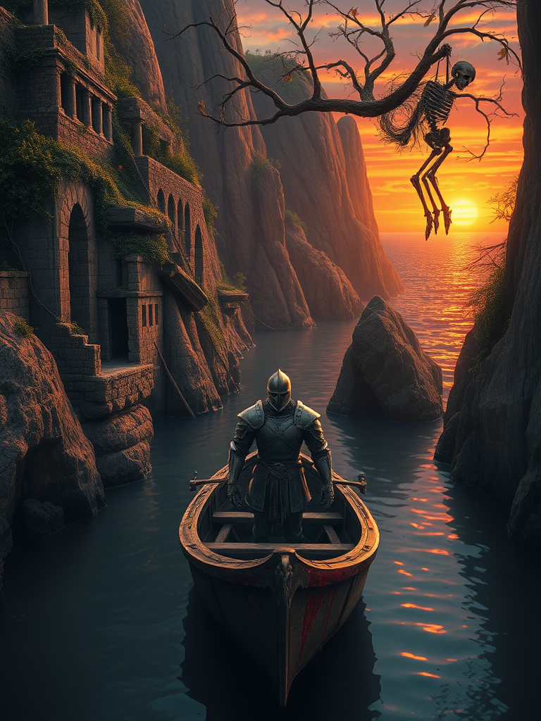 A solitary knight, his armor pockmarked and stained with crimson, leans against the bow of a small, rickety boat, shrouded in a somber light. He is surrounded by the grandeur of nature, as if he's been swallowed by its silent power. The river, a narrow waterway winding its way between towering cliffs, reflects the hues of the setting sun – a spectacle painted in shades of fiery orange and deep purple. The walls of the cliffs are a tapestry of nature's resilience, with ancient ruins crumbling and covered in vibrant foliage and vines. Skeletons of fallen warriors, their once-mighty armors now rusted and decaying, hang precariously from the branches of ancient trees, adding to the oppressive silence of the scene. The cliffs gradually open, revealing a glimpse of the vast ocean, its water a mirror of the sky ablaze with the dying light of the sun, offering both a sense of hope and isolation.