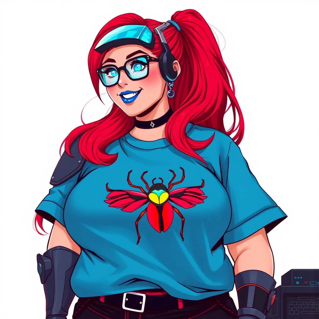 A cyberpunk vigilante’s full-figured intelligent and tech-savvy 29-year-old girlfriend, who is a computer hacker and tech genius. She has a long ruby red ponytail and bright blue eyes. She wears maximum blue lipstick, a sapphire beetle gemstone necklace, sapphire earrings, black eyeglasses, hi-tech metal arm armor, and an oversized maximum blue t-shirt featuring a neon blue glowing emblem of a winged beetle on its chest. She has a full-figured physique with a giant, round midsection, reflecting her well-cared-for lifestyle. She sports a sapphire headset with a hi-tech maximum turquoise lensed HUD, and a beaming smile with a passionate bright red blush. Despite her figure and a lack of self-esteem, she radiates beauty. She has a slim face which contributes to her radiant beauty. She serves as his tech expert from his hideout, diligently working at her lab table and computer desk. The background is solid white. She is drawn as if she was in a retro 2D cyberpunk fighting game.