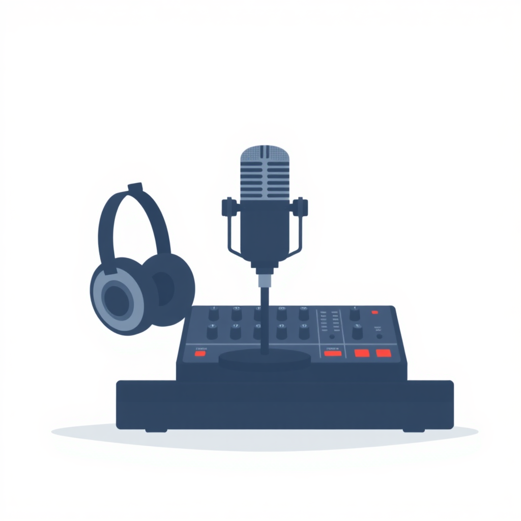 A minimalist, flat design illustration of a podcast setup. The image should include a microphone on a stand, headphones, and a sound mixer on a simple desk or tabletop. The background should be a plain, neutral color like white, gray, or light blue. The overall style should be clean, modern, and visually appealing as a generic stock image for podcasting.