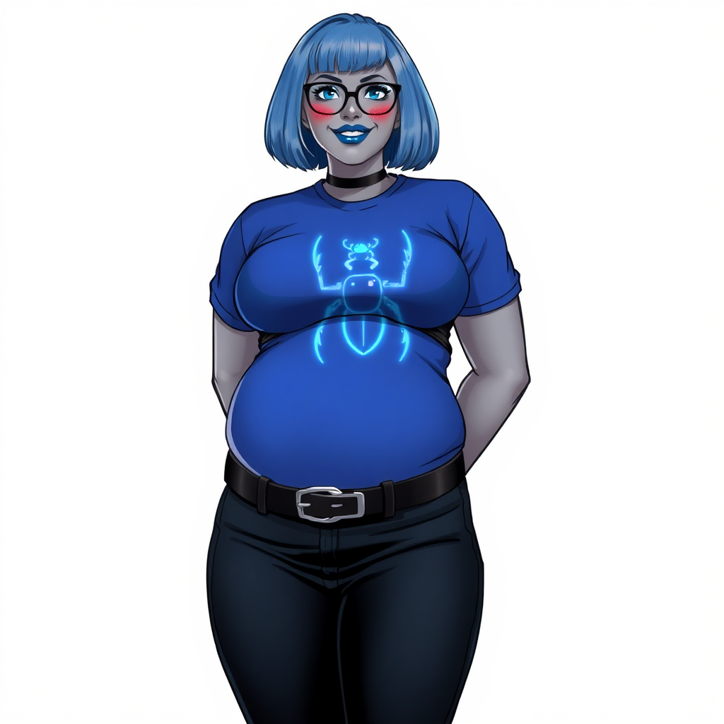 A 28-year-old, full-figured, metallic middle gray skinned computer program hybrid with a maximum blue bob cut. She has a non-athletic build, highlighted by a prominent, round, large midsection (with a full emphasis on her belly). As a digital sidekick, computer hacker, and nerdy girlfriend to her cyberpunk vigilante boyfriend, her middle gray metallic skin and maximum blue lipstick emphasize her digital nature. She wears a costume consisting of a tight-fitting, maximum blue t-shirt (accentuating her large belly) with a neon blue glowing chest icon of a beetle, black pants, a black belt with a sapphire scarab buckle, and black gloves. Her bright blue eyes, black eyeglasses, and lovestruck smile with neon red blush accentuate her nerdiness. She stands bashfully with her hands behind her back, her t-shirt covering all her skin (especially her large belly) and emphasizing her full-figured, non-athletic physique. She is on a solid white background. She is drawn as if she was in a retro 2D cyberpunk fighting game. She is clearly non-athletic, with emphasis on her full-figured and pudgy physique. Ensure her t-shirt covers her midsection (especially her large belly).