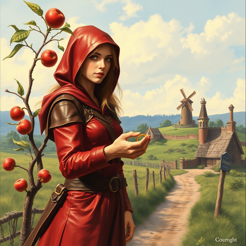 A wide distance shot of a pretty female adventurer in subtle red leather clothing with a hood, standing next to a thin, short, frail clean-shaven old farmer wearing rags and who looks ill. She is holding a gold ring towards him but he waves it away. a pastoral fantasy house near a road to "Dunright". A single apple tree with a few moldy apples on it. A fantasy village and mage tower with windmill in the distance. 1980's dragonlance cover art style by larry elmore.