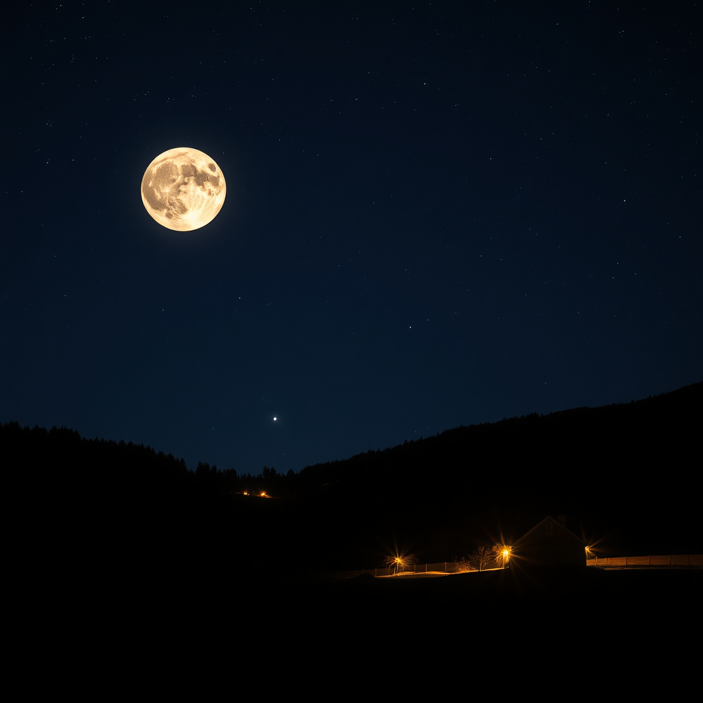 country with lights, big moon with very starry sky semi dark