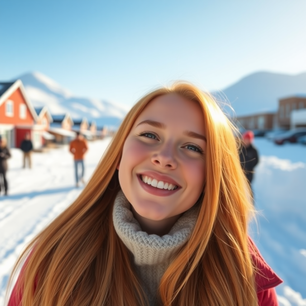 beautiful young woman with lush ginger cherry blonde long hair, full lips, on Alaska Anchorage happy in sunny snow