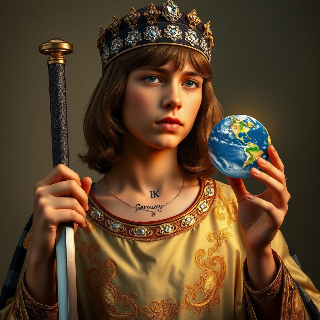 16yo teen boy Scout Prince in the image of the Savior, long bob cut, embroidered with gold and diamonds medieval cloths, diamond diadem, natural Skin Texture, visualization of embossed Skin using the play of light and shadow. The Scout Prince's left hand holds his one small sword in its scabbard by the hilt. The Scout Prince's right hand holds an one small round glowing Earth with oceans and continents the size of soccer balls ready to explode. On the neck there is a nice little tattoo in the form of letters: FluxBach. There is a small repeating cute embroidered gold lettering on the garment: Germany, BFL, The Black Forest Lab. Free style by 50% Adolphe William Bouguereau and 15% Sandro Botticelli and 35% Otto Lomüller, The background is in the style of landscape style by Antonio del Polaiolo. Studio lighting, professional lighting. Generating the signature at the bottom: FluxBach. 16yo teen boy Scout Prince, the image of the Savior, left hand, holds, the hilt, sword small sword, in a scabbard,right hand,holds,a small round glowing Earth, the size of a soccer ball, ultra high resolution, 16K,ultra detailed photograph,'lightgoldenrodyellow'