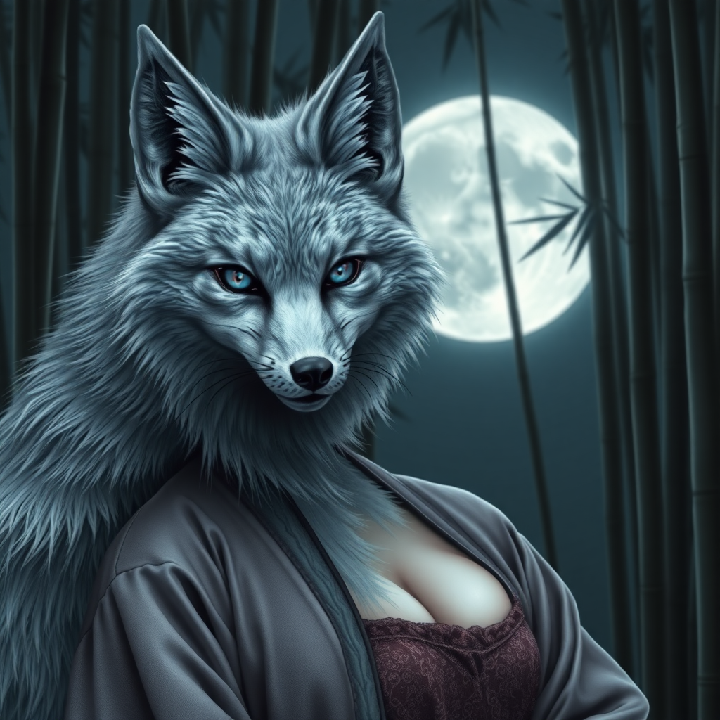 a scary look silver nine-tail-fox with blue eyes and the face of an Korean woman, dressed in a hanbok with one nude breast to see, in front the full moon in a bamboo forest