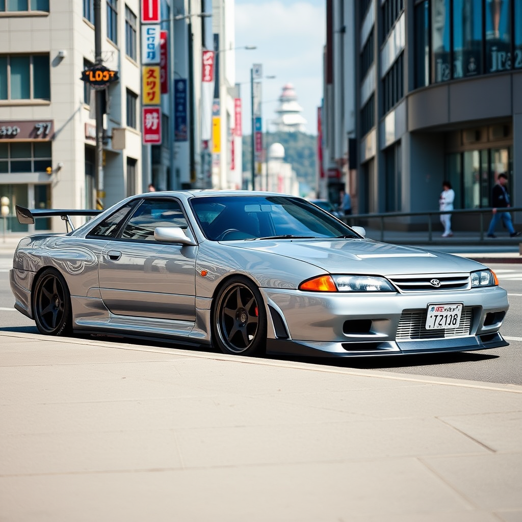 The car is parked on the side of the road, inspired by Taiyō Matsumoto, tumblr, restomod, nd4, c4 metallic shine gray black nissan skyline r34 tokyo cosplay women background flawless complete intricate details best photo pose