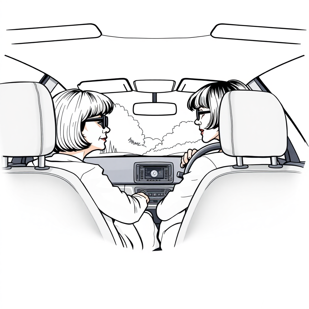 inside view of a VW Polo V from the front passenger seat point of view, looking at the driver seat from the side, short bowl haircut 50 year old woman driving, skirt, glasses, she is looking at the camera over her shoulder, long establishing shot, 2D, caricature, cartoon, Sketch lines, coloring book, coloring book style on white background, well composed, clean coloring book page, No dither, no gradient, strong outline, No fill, No solids, vector illustration, side view, vector illustration, movement lines, from above