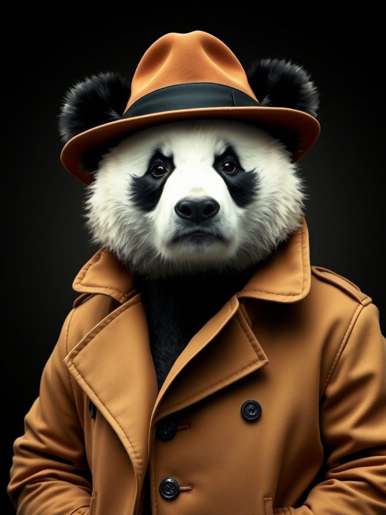 A panda bear wearing a trench coat and a fedora.