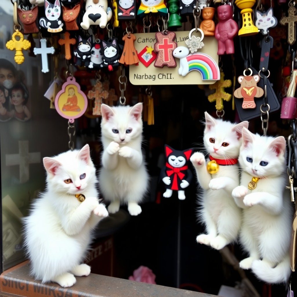 A street stall staffed by white kittens filled with kitschy keychains for tourists in hell, cats, Catholic, vampire, cross, Buddhism, tacky, rainbow, raining.