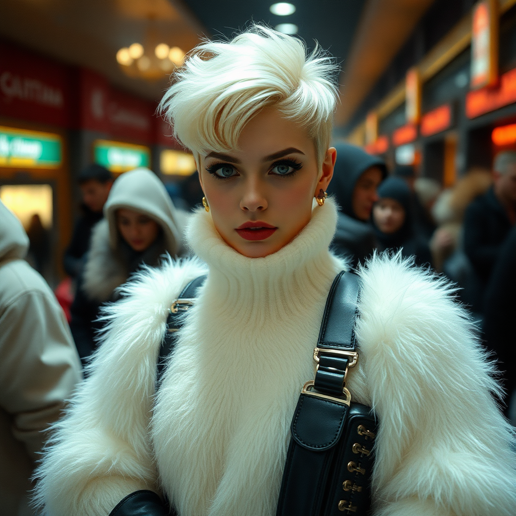 1990 winter evening, crowded cinema lobby: Sam, 19 years old beautiful involuntary femboy, rebellious intractable character, petite boyish figure, platinum blond boyish rebel punk hairstyle, flawless heavily made-up face with sharp arched tattooed eyebrows, wearing Supertanya-style fluffy very fuzzy bright white angora long turtleneck-poncho fully covering body and arms, black leather high-heeled thigh-high boots, gold earrings, puzzled alarmed, pout serious, impatiently waiting for her master. Focus on Sam’s face and turtleneck-poncho.