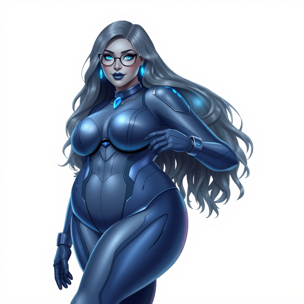 A 29-year-old computer science major, she is the devoted girlfriend of a vigilante and serves as his dotingly pampered, full-figured, nerdy, Middle Gray (N5) metallic digital sidekick. She has become a Computer Program hybrid, with a unique, metallic Middle Gray (N5) skin color that blends with her hair, appearing to merge together as computer data. Her long hair and skin are the same metallic Middle Gray (N5) blending together to appear to merge as computer data. Her neon blue eyes are mesmerizing. Her full figure, especially her prominent, round, gargantuan midsection, shows just how heavily fed and pampered she is, with sequoia-sized limbs and broad shoulders. Her midsection is bloated to emphasize the figure she gained from her pampering.

As a loyal and supportive sidekick, she plays a crucial role in their missions, using her digital prowess to assist and protect. She wears a blue sapphire scarab necklace and blue sapphire earrings, which she received as symbols of their love before his 5-year disappearance. Her digital Maximum Blue (RGB 71, 171, 204) bodysuit, blending with her skin and hair (appearing to merge together like computer data). She is equipped with high-tech features, including holographic displays and integrated hacking tools. She has matching high-tech gloves. She emits neon blue data cubes from her body, set against a solid white background.

Heavily, attentively, and immensely pampered through being well-fed since their reunion, her full figure clearly shows the extent of care she has received. Despite her digital enhancements, she retains her human vulnerabilities, including hunger and sleep, and is not immune to human weaknesses. She has the ability to hack into computers and machines, and her nerdiness is blatantly obvious with her black oversized eyeglasses. Her full figure, especially her gargantuan midsection, is prominently displayed and heavily emphasized. Her outfit, influenced by DC’s Jennifer Knight Phantom Lady, remains distinct.

Despite her boyfriend’s limited resources, she assists in the war on crime by serving as a minicomputer, traveling in a high-tech wristwatch and supercar’s computer system. Using her hacking abilities, she relays crucial knowledge related to missions. She has a beaming smile. She is drawn as if she was in a retro 2D cyberpunk fighting game. Their love for each other is evident.