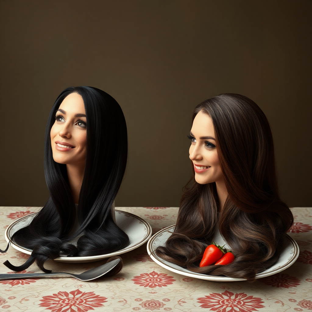 Surreal image of the disembodied heads of very long haired Meghan Markle and Kate Middleton served on plates.