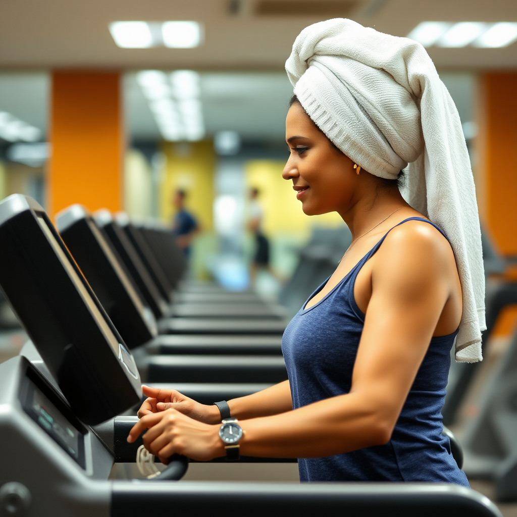 Indian wife, towel head, working out on Treadmill in gym