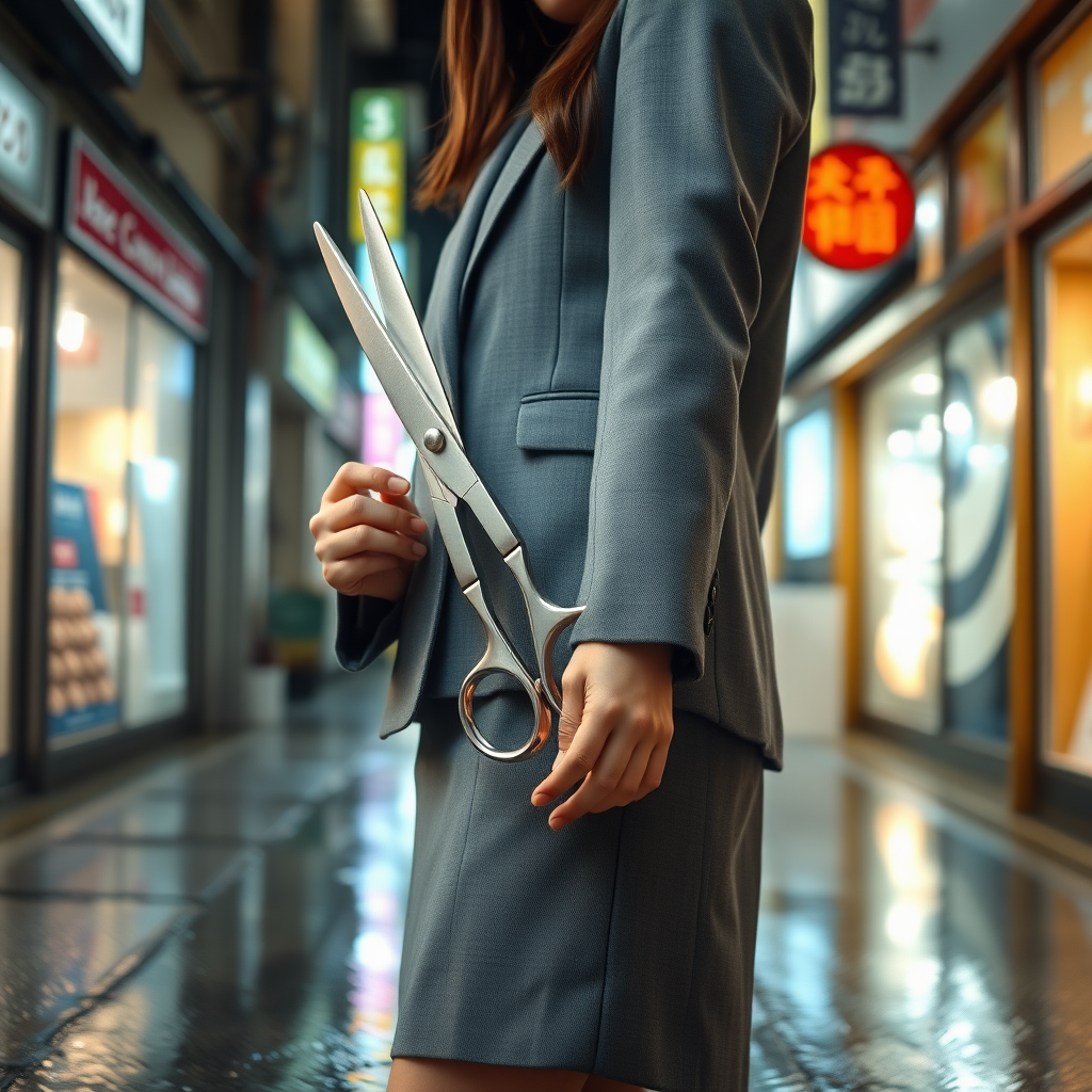 Camera focuses on the lower portion of a young Japanese businesswoman who wears a grey blazer and grey skirt. In her right hand she holds a large pair of scissors. The scissors gleam from the lights of the shops in the surrounding alleyway. The lights of the shops are reflected in the rain puddles of the alleyway.