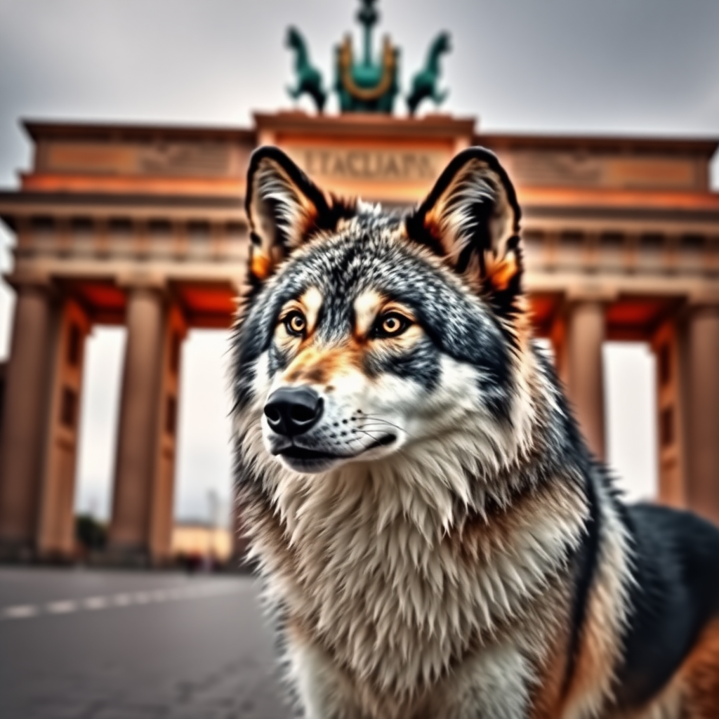 A wolf in black, white, and red stands in front of the Brandenburg Gate. Realistic photo.