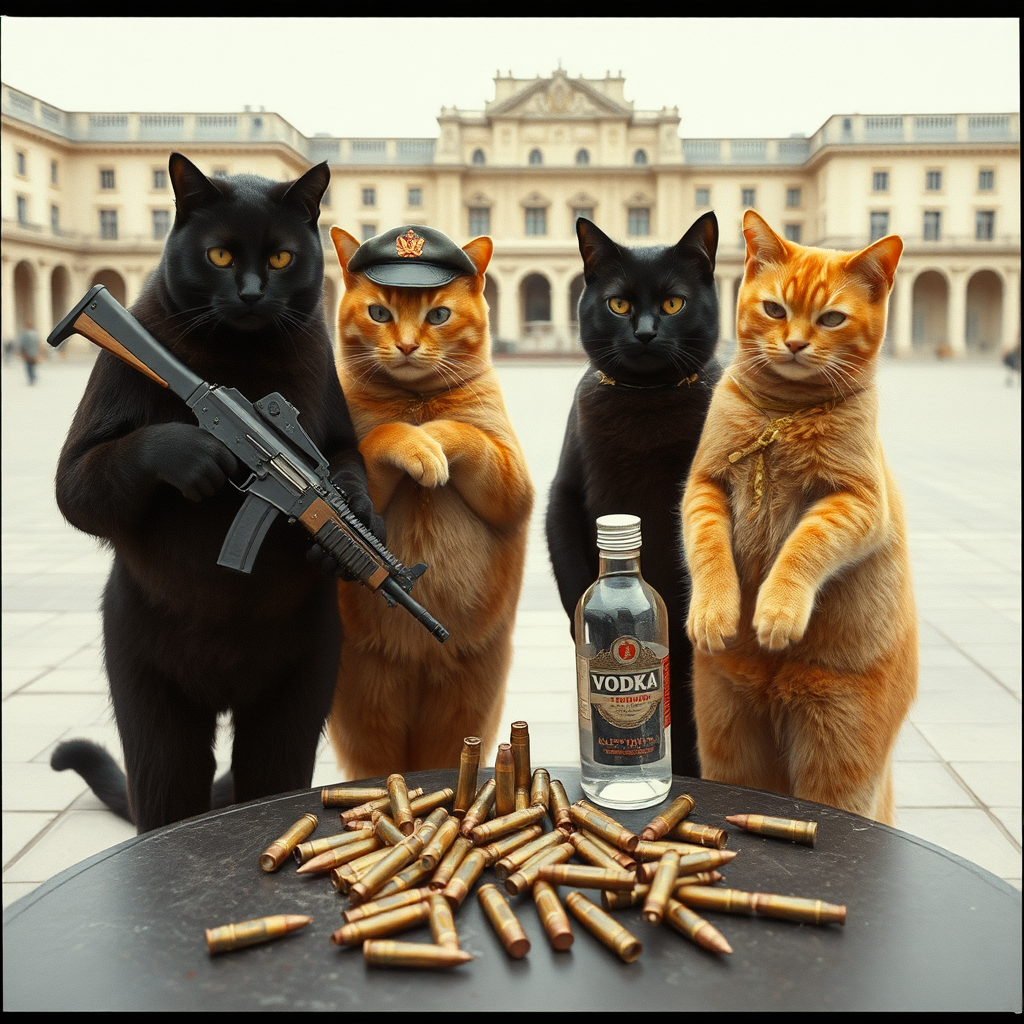 4 cat-men in a large square, a dark-skinned one holding an AK-47, an orange one with a Russian military cap, a dark brown one and a light brown one, USSR communists with VODKA, around a table with bullet casings on it (film photo style)