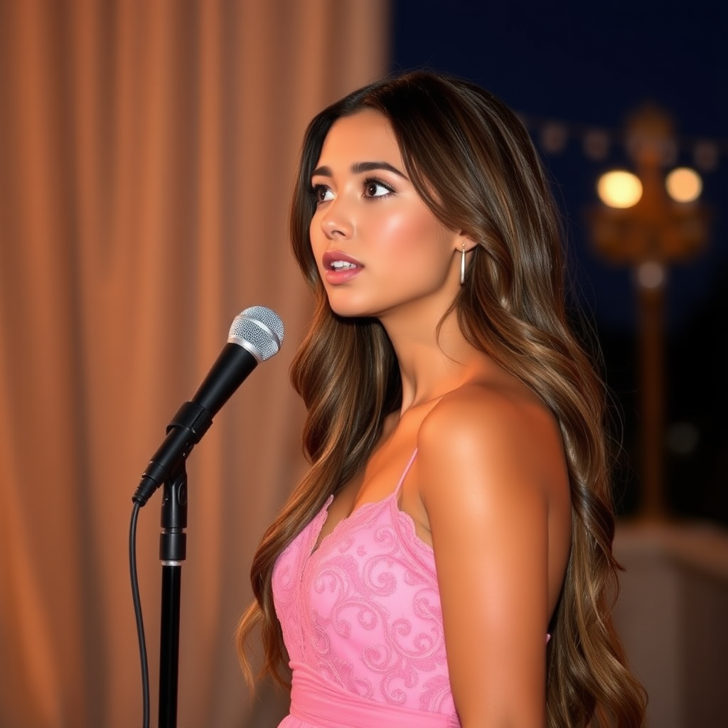 a young woman singing. long brunette hair with highlights, bright blue eyes. suntanned skin. small lips colored pale rose. looking to the side. wearing an elegant long rose dress with transparent lace. view from far. night sky in background. photo