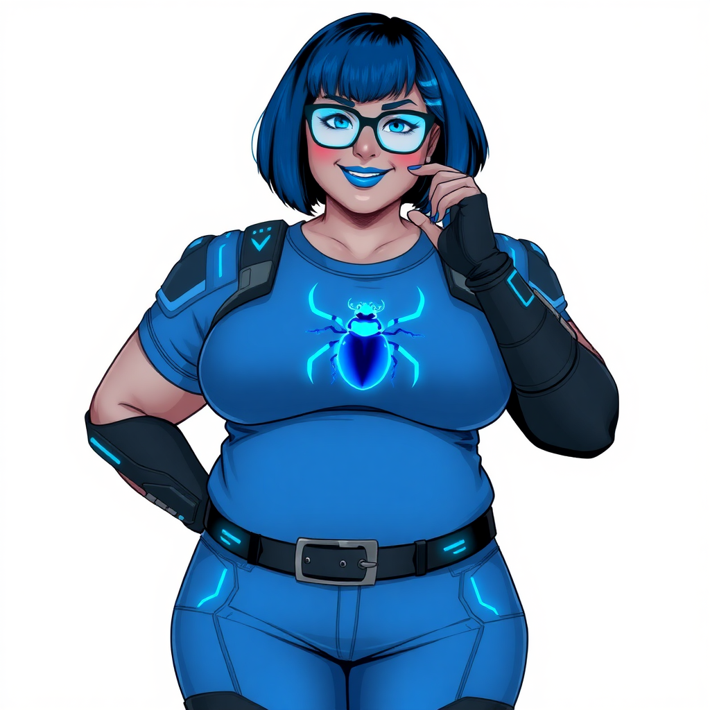 A 28-year-old, full-figured, metallic middle gray (N5) skinned computer program hybrid with a maximum blue bob cut. She has a full-figured, non-athletic build, highlighted by a prominent, round, large midsection (with full emphasis on her large belly), which shows the effects of her new love of junk food acquired from her boyfriend. As the full-figured, nerdy, digital sidekick to her cyberpunk vigilante boyfriend, her metallic middle gray (N5) skin and maximum blue lipstick emphasize her digital nature. She wears a digital, computerized costume, consisting of a huge, tight-fitting, maximum blue t-shirt with a neon blue glowing chest icon of a beetle, hi-tech shoulder pads with neon blue accents, a black hi-tech belt with a maximum blue beetle digital buckle, digital maximum blue biker pants with neon blue accents, and black hi-tech biker gloves with neon blue glowing accents. Her neon blue glowing eyes, black eyeglasses with neon blue lenses equipped with a built-in HUD, and bashful smile with neon red blush accentuate her nerdiness. She stands bashfully with one hand behind her back and the other hand gently touching her cheek, her costume covering all her skin (including her large midsection) and heavily emphasizing her full-figured physique (especially her large belly). She is clearly non-athletic, with a full focus on her full-figured physique. Despite her full-figured build, she radiates beauty. She has a slim face compared to her physique, accentuating her radiant beauty. She is on a solid white background. She is drawn as if she were in a retro 2D cyberpunk fighting game. Ensure she has a metallic middle gray (N5) skin coloration.