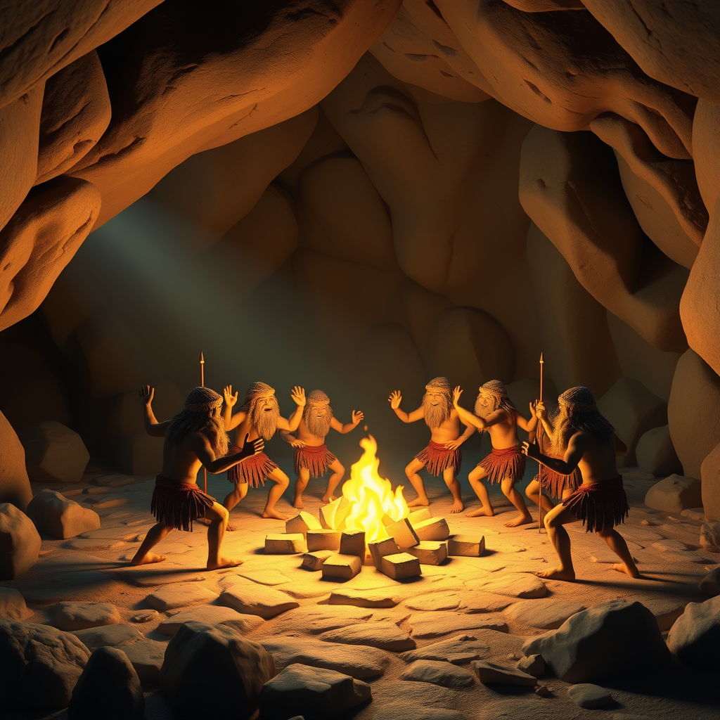 Cavemen are dancing around a campfire in a big cave in real 3d.