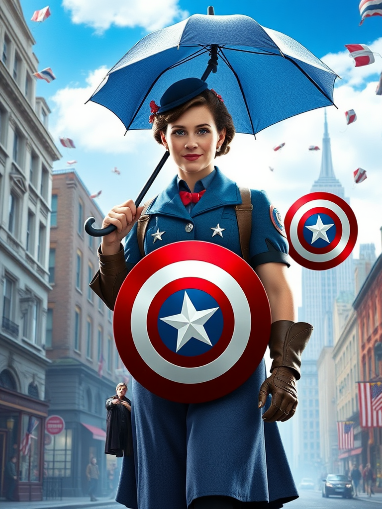 DALL-E 3 prompt (683 characters):

Create a full-length rendered image merging Mary Poppins and Steve Rogers. Maintain Mary's head, hairstyle, and facial features atop Steve's muscular body. Adapt Mary's iconic nanny outfit to fit the new physique, incorporating elements from Captain America's costume such as star motifs or shield-inspired accessories. Adjust the umbrella size to match the larger frame. Set the scene in a whimsical London street blending into a 1940s New York cityscape. Include floating objects like kites or shields in the sky. Ensure the image captures both Mary's magical essence and Steve's heroic stance. Balance vibrant colors from both characters' worlds throughout the composition.