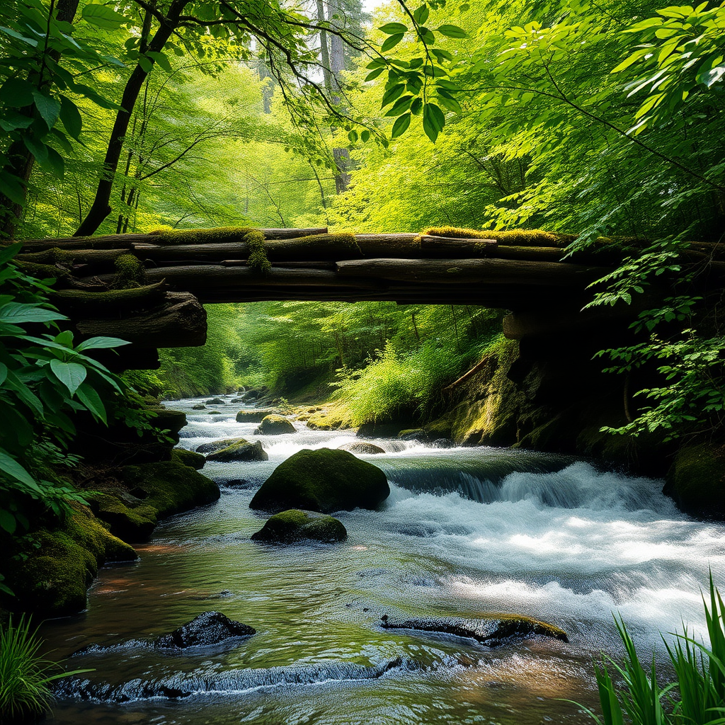 A serene forest scene featuring a weathered wooden bridge crossing over a rushing stream. The bridge, made of aged timber, appears rustic and slightly overgrown with moss, blending harmoniously into the natural surroundings. Lush green foliage surrounds the bridge, with various shades of green creating a vibrant, organic atmosphere. The water beneath the bridge flows energetically, reflecting dappled light from the canopy above, while rocks and soft grasses can be seen alongside the bank. The overall aesthetic is hyperrealistic, capturing intricate details of the leaves, textures of the wood, and movement of the water, evoking a tranquil yet dynamic sense of nature.